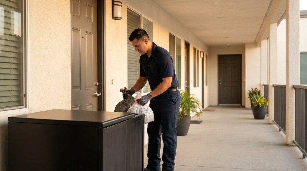 Trash valet worker collecting garbage bags in an apartment hallway beside a dumpster