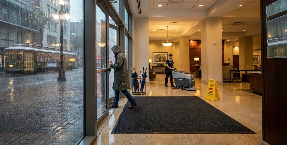 Commercial cleaner maintaining lobby floors at a rainy entrance with wet-floor sign and large mat, New Orleans office buil...