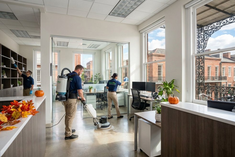 Commercial cleaners deep-clean a bright office with floor polishing and window dusting for fall readiness